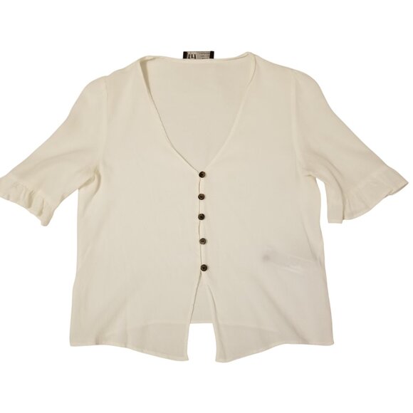 Zara TRF White Button Down Ruffle Trim Sleeve V-Neck Flowy Crop Summer Blouse - Picture 1 of 10